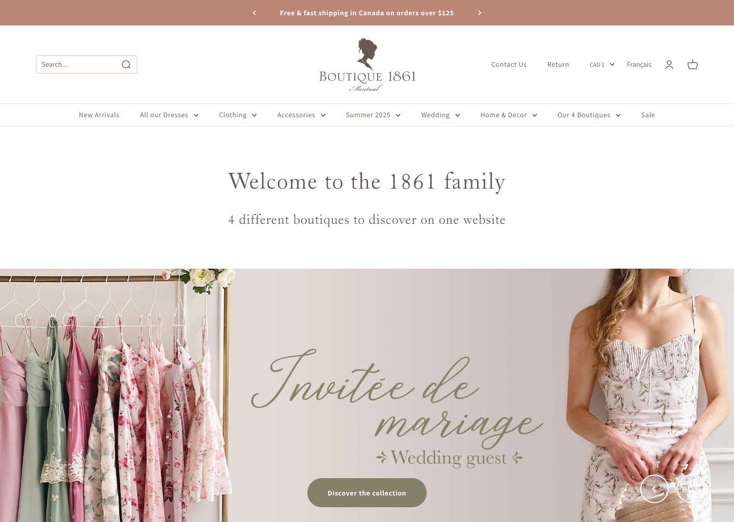 Boutique 1861 Shopify store homepage — clothing store in Canada