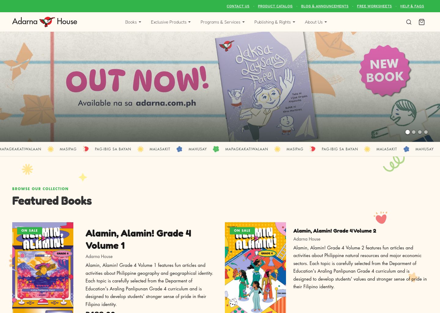Adarna House Shopify store homepage — books, music & video store in Philippines