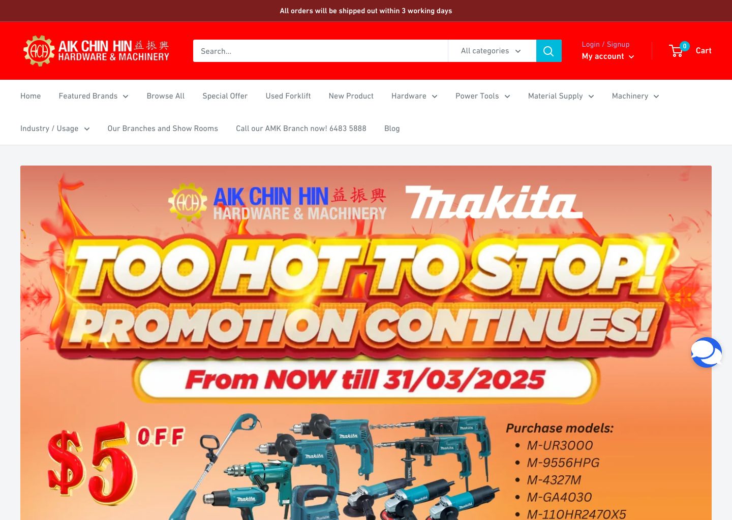 Aikchinhin Shopify store homepage — hardware & automotive store in Singapore
