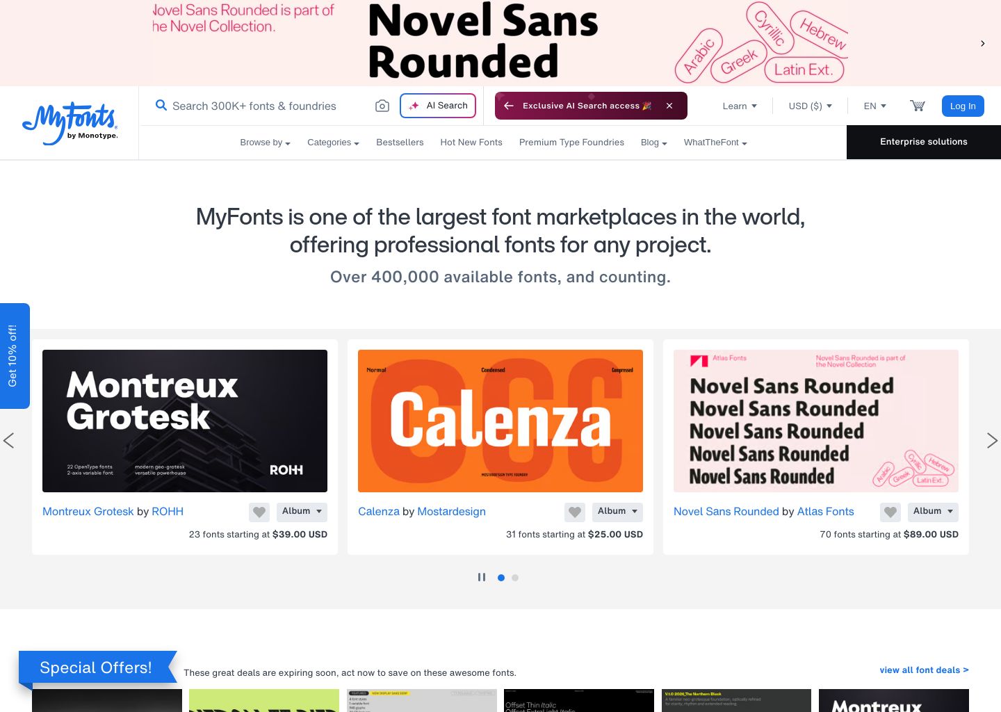 MyFonts Shopify storefront homepage